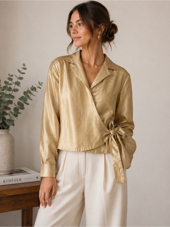 Kate Hill Jackets & Blazers - Kate Hill 100% Silk Gold Wrap Blazer Jacket Minimalist Quiet Luxury Top